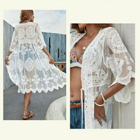 Tops - Kimono White Crochet Lace Duster Layer Wrap🤍 NEW & GORGEOUS